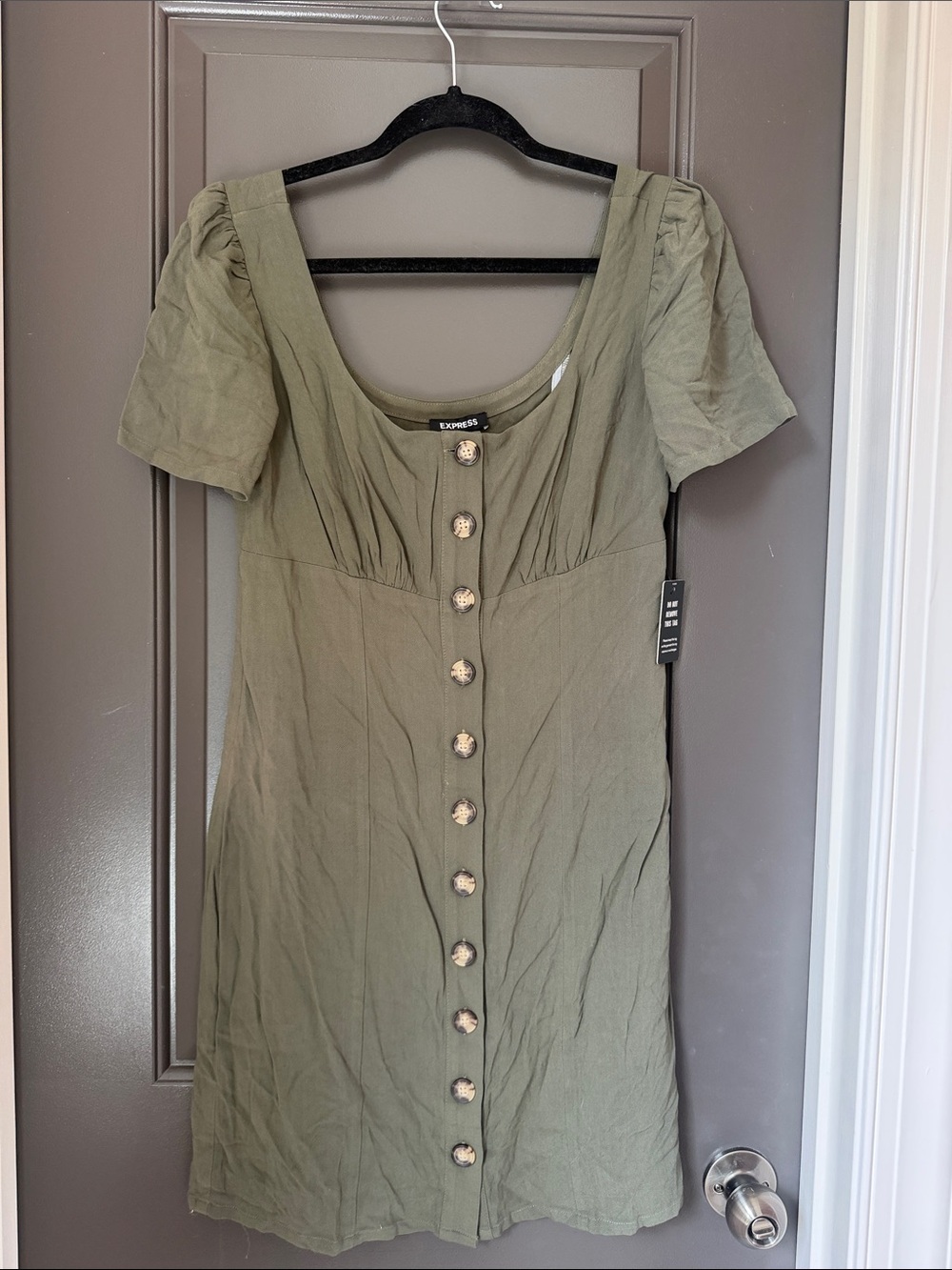 Express Olive Green Button-Front Mini Dress with Puff Sleeves Size S